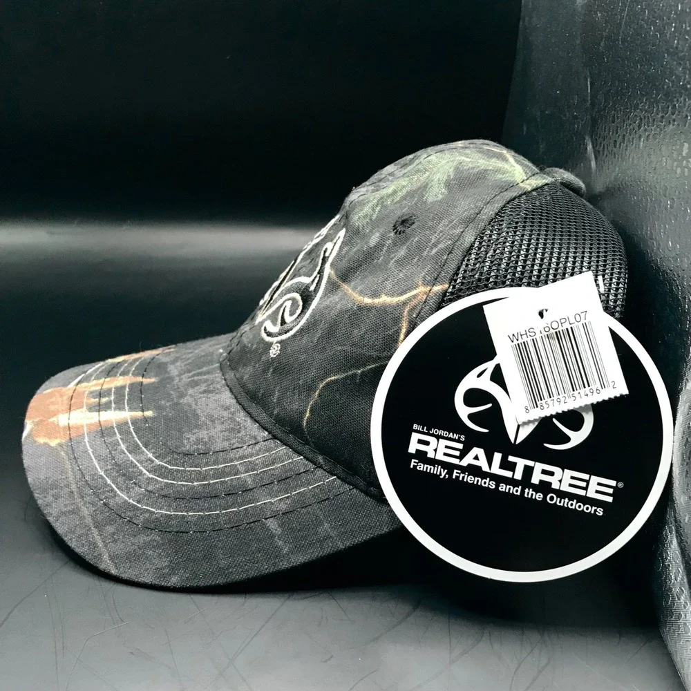 Realtree Antler Logo Camo Trucker Hat Mens Black Mesh Adjustable Hunting Cap NWT